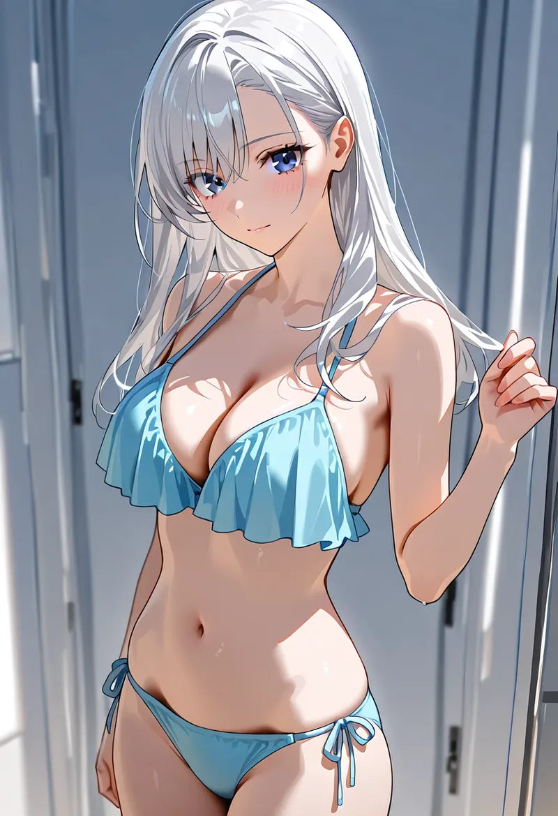 透明感のある白い長髪と深い青い瞳を持つアニメ調の美少女イラストです。爽やかなブルーのトップスを身に纏い、柔らかい室内光に包まれた洗練された表情で、こちらを見つめています。