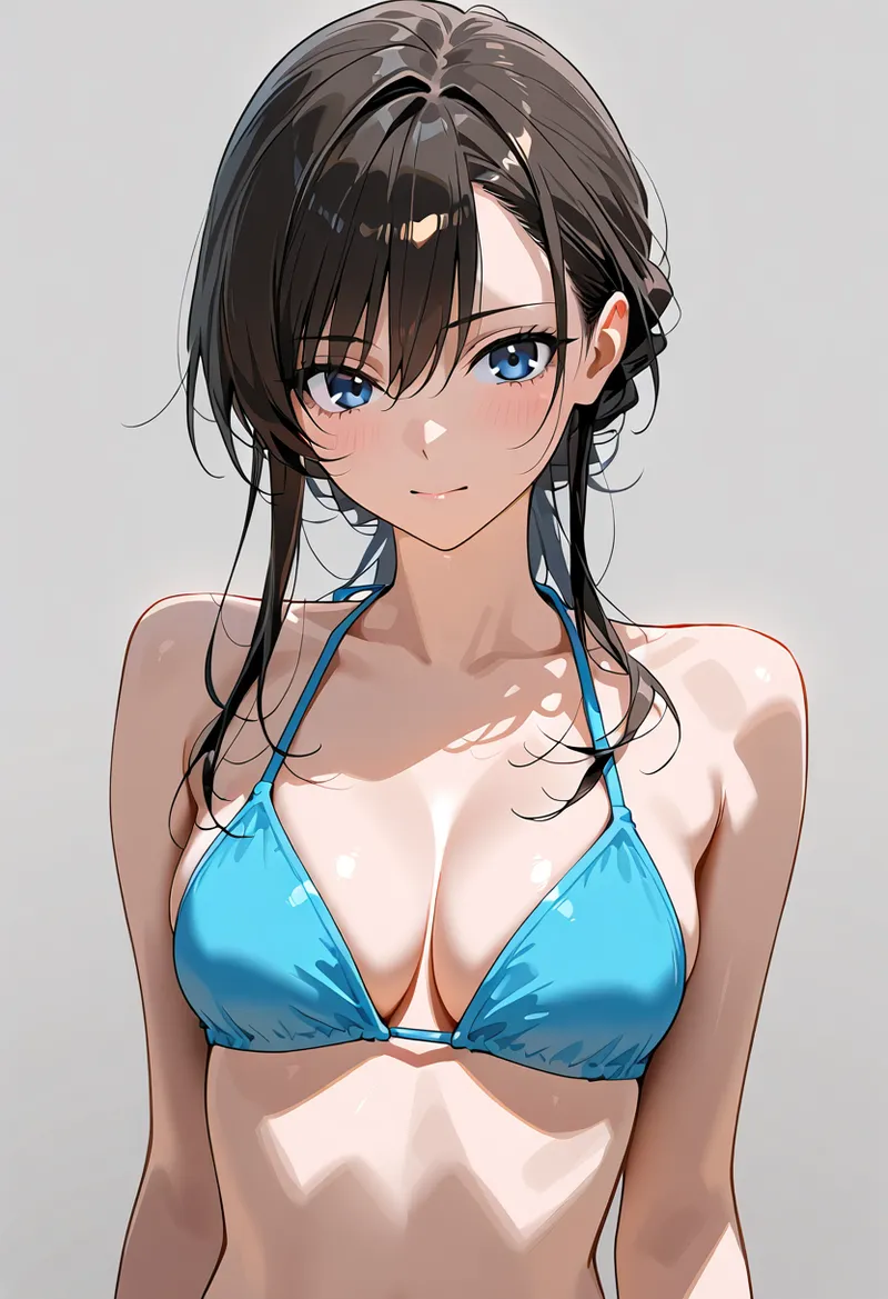 前髪と長い黒髪が印象的な美少女のアニメ調イラストです。涼しげな青い瞳と穏やかな表情、青系の水着姿で、グラデーション背景に映える洗練されたキャラクターポートレートに仕上がっています。
