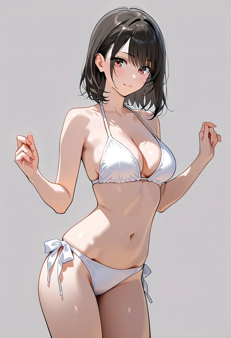 黒髪ボブが印象的な美少女が、白いビキニで優雅なポーズを決めるアニメ調イラストです。柔らかな肌色と清涼感のある配色が魅力的。