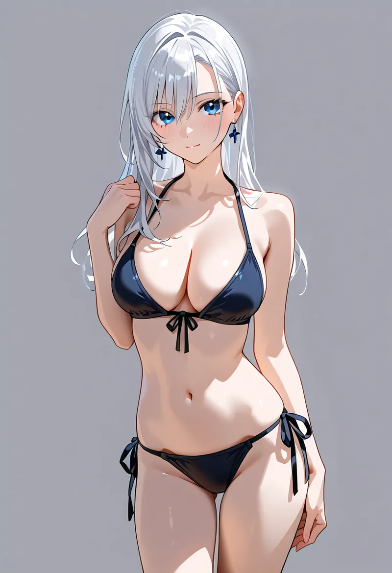 青い瞳が印象的な銀髪の美少女を描いたアニメ調イラストです。紺色の装いと十字のイヤリング、落ち着いた灰色背景で洗練されたポートレート作品に仕上がっています。