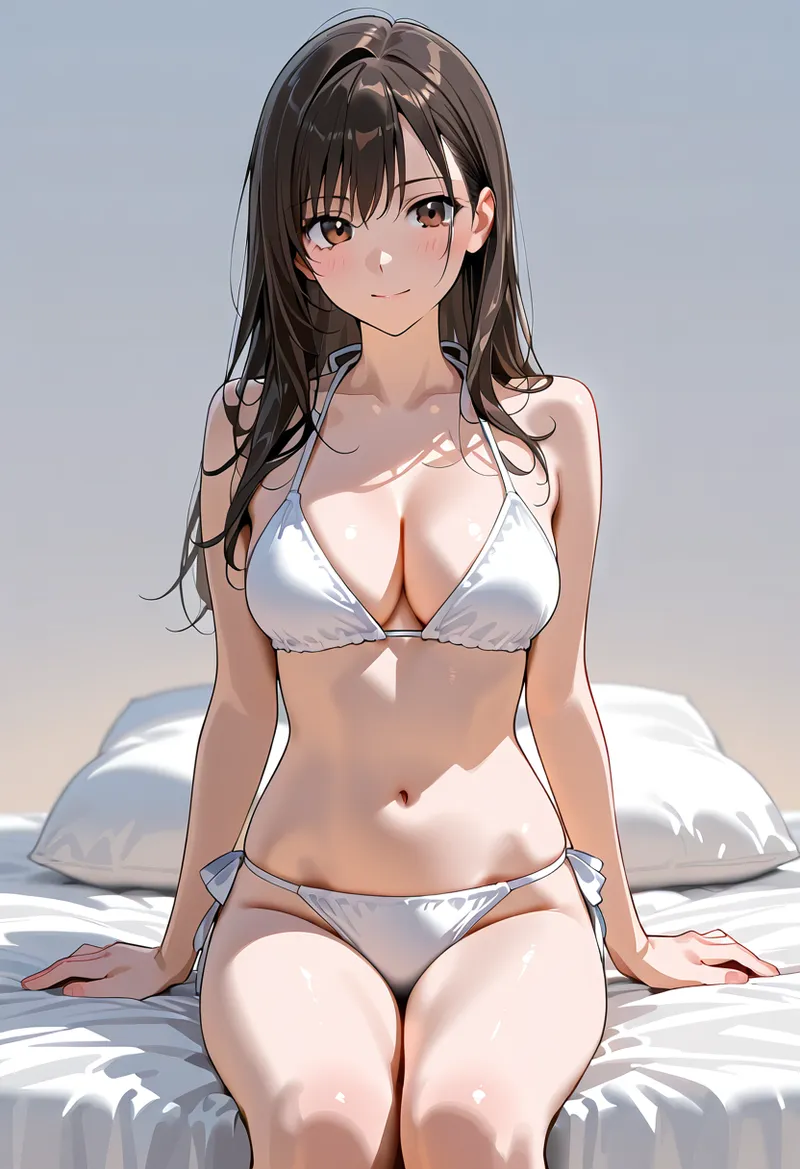 長い黒髪と優しい表情の美少女が、白いビキニ姿で柔らかなベッドに座るポートレート。淡いグラデーション背景と光の当たり方が、清潔感のあるアニメ調イラストです。