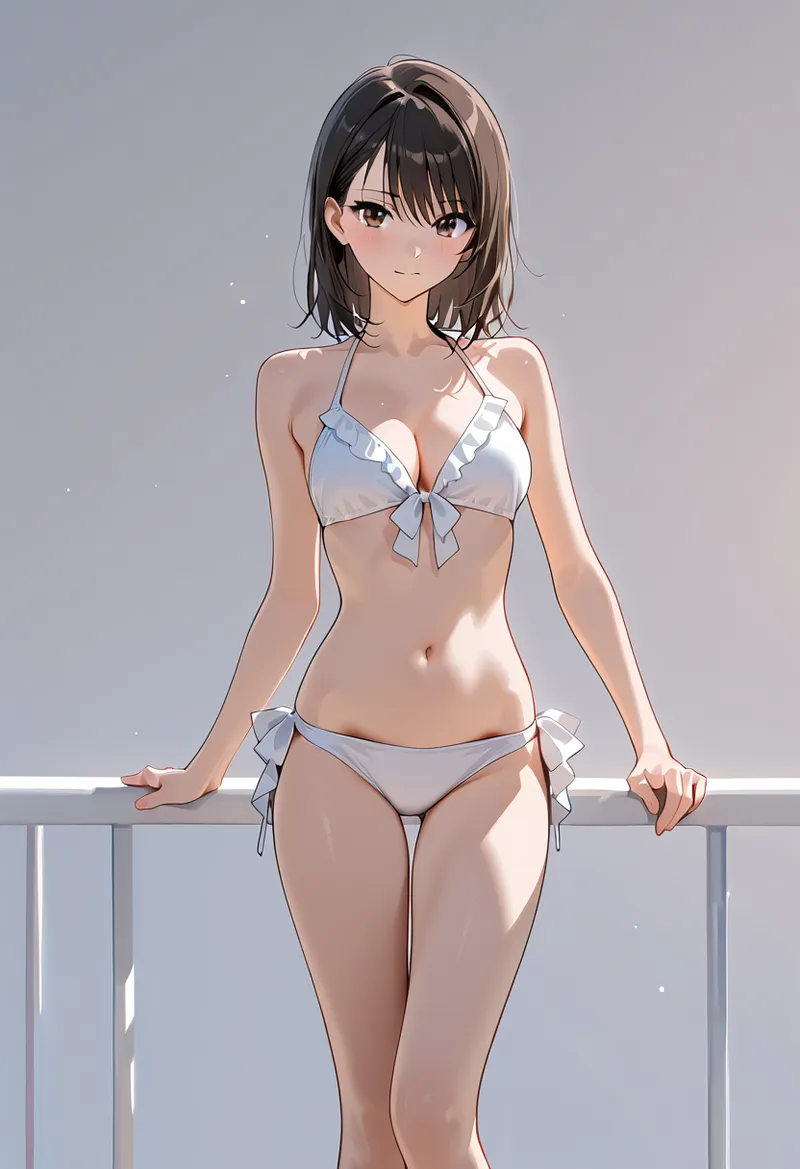 黒いショートヘアと透明感のある瞳が特徴の美少女が、白とブルーのリボン装飾ビキニを身に着けてポーズする夏のグラビア風イラストです。光の当たった肌と優雅な立ち姿が魅力的に表現されています。