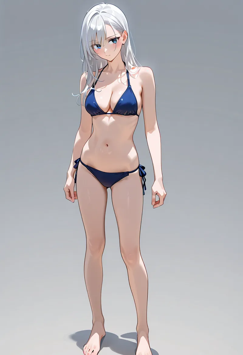 涼しげな青色ビキニを身に纏った白髪の美少女が、グレーの背景の中で凛とした表情で立つ全身ポートレート。繊細なアニメ調の描写と洗練された配色が特徴です。