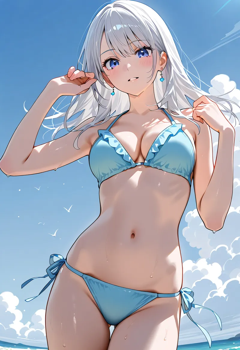 白銀の髪と青い瞳が印象的な美少女が、青空と白い雲を背景に爽やかな表情で佇む。青系の衣装と自然な肌色の対比が心地よい、明るく開放的なアニメ調イラストです。