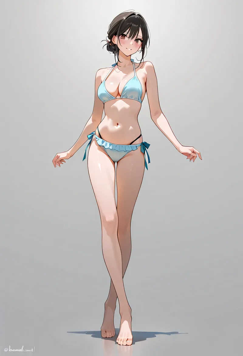黒髪をアップにまとめた美少女が、爽やかな水色のビキニ姿で立つアニメ調のイラストです。白のグラデーション背景に映える優しい表情と、夏らしい涼しい色合いが魅力の作品。