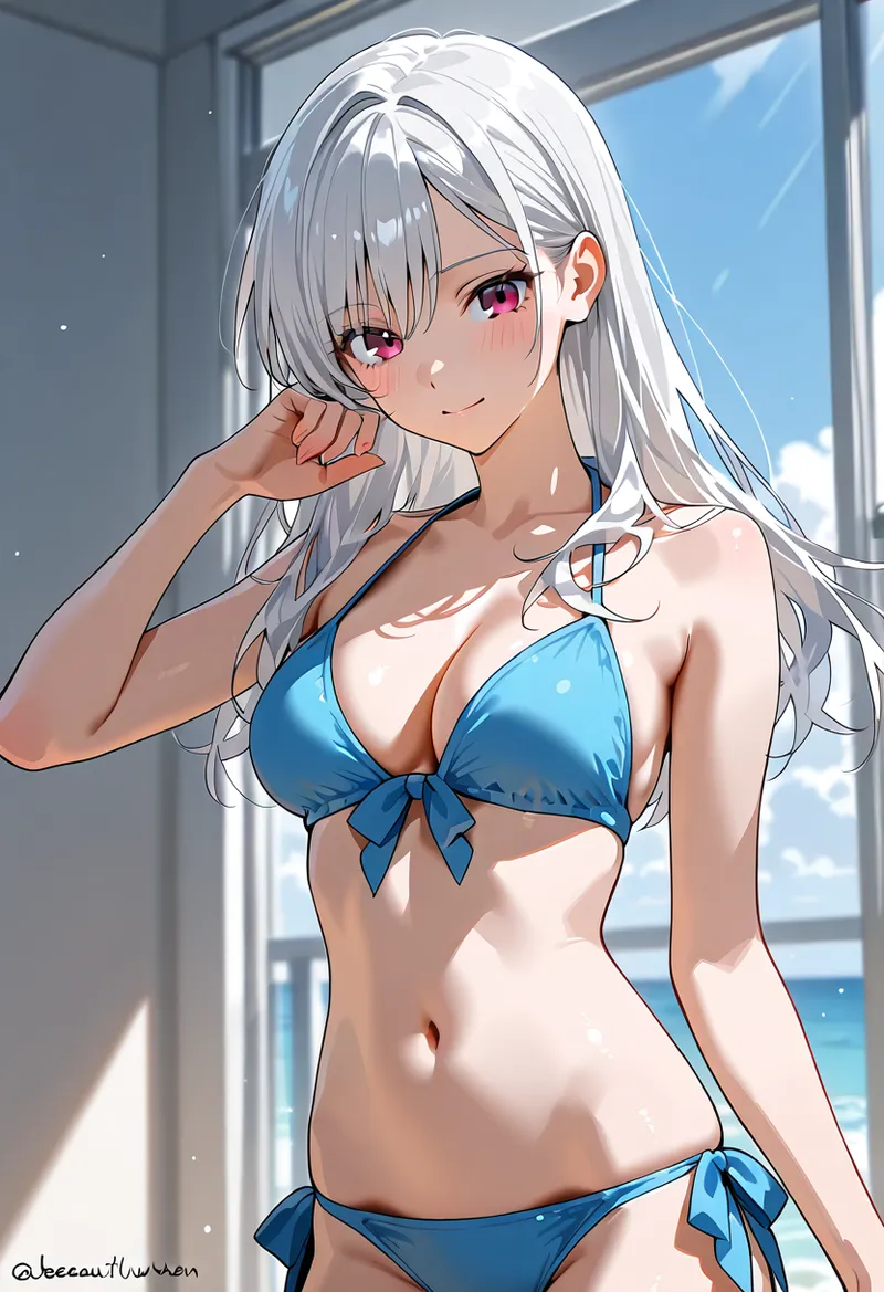 明るい窓際で海を背に佇む白髪の美少女。ピンク色の瞳と柔らかな表情、青いリボンが印象的なアニメ調イラストです。爽やかで洗練された雰囲気が特徴。