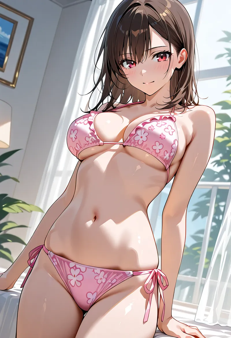 明るい窓から差し込む光に包まれた美少女のアニメ調イラスト。ピンク色の花柄パターンが施された下地を身につけ、柔らかな表情で正面を向いています。モダンな室内背景と観葉植物が爽やかな雰囲気を演出しています。