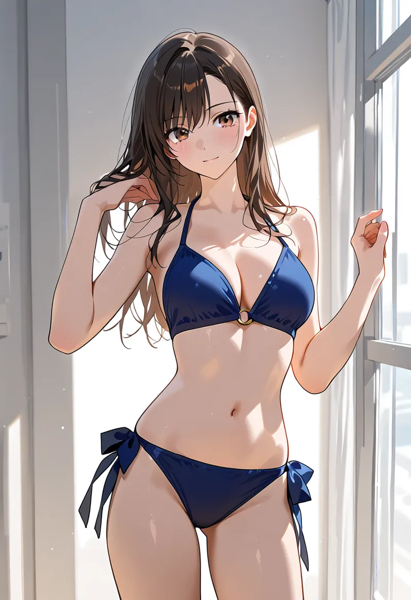 大きな窓から射し込む自然光に包まれた室内で、濃紺のビキニを着た長髪の美少女がカメラに向かって微笑んでいます。柔らかい陰影が立体感を引き出し、爽やかで魅力的な雰囲気のイラスト作品です。