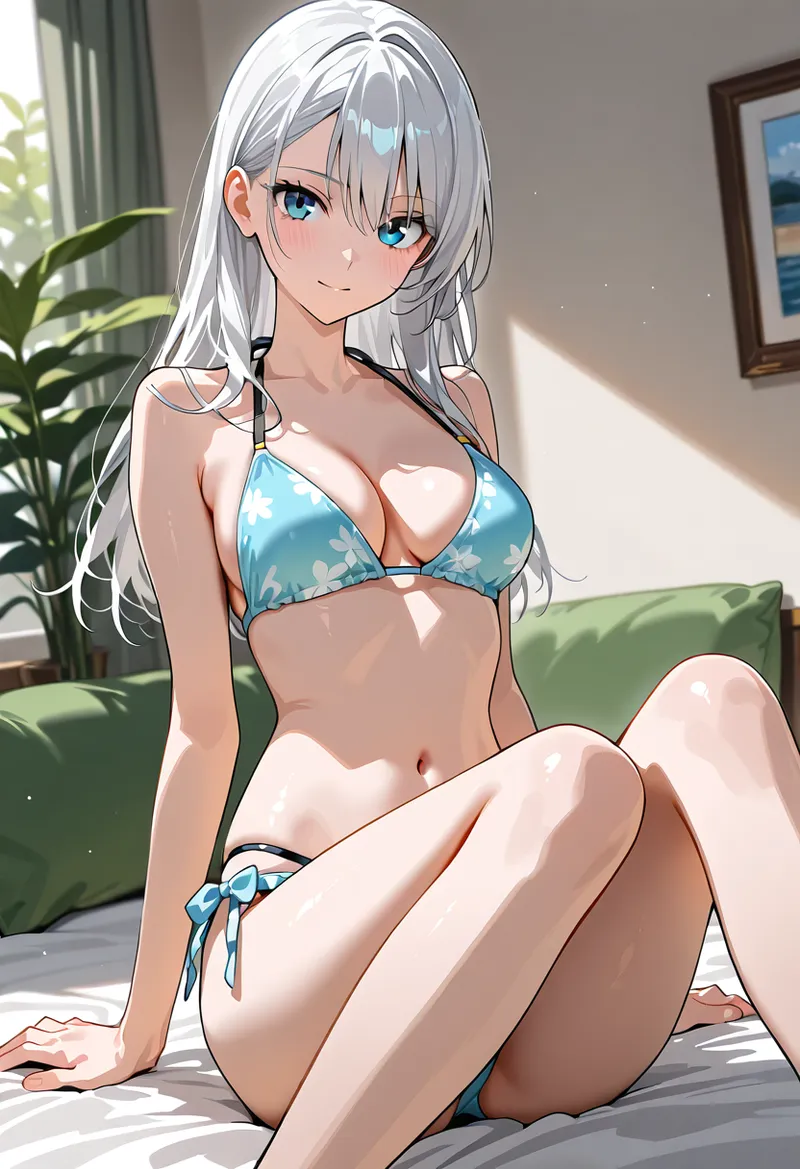 明るい室内で青いフローラル柄の水着姿でくつろぐ白髪の美少女。大きな青い瞳と柔らかな表情が印象的で、観葉植物に囲まれた落ち着いた空間の中で優雅な雰囲気を醸し出しています。