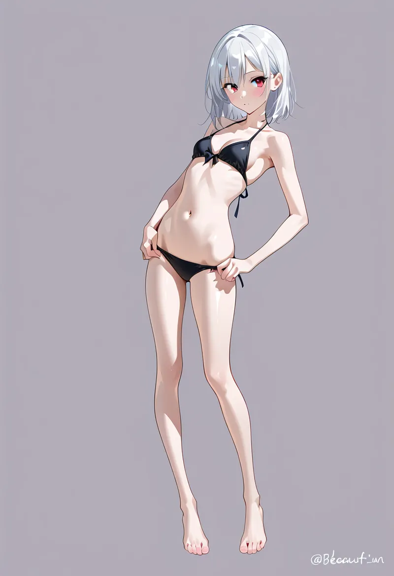 涼やかな銀髪のショートヘアと赤紫色の瞳が印象的な美少女イラストです。黒いビキニトップを合わせたカジュアルな夏のポーズで、グレー背景にすっきり映し出された清涼感のあるアニメ調ポートレート。