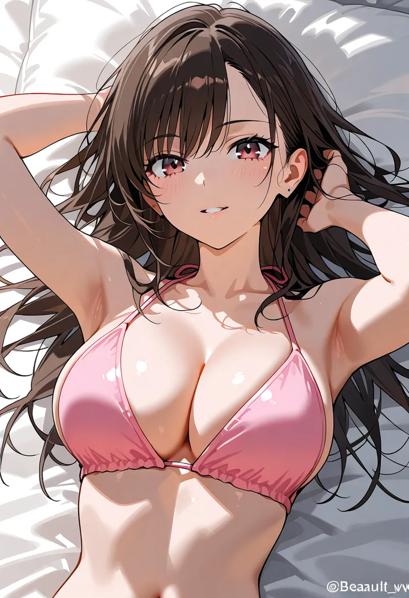 茶髪をふんわりとまとめ、明るい眼差しで微笑む美少女イラスト。ピンク系の水着を身につけ、夏らしい爽やかな背景の中でリラックスした雰囲気を演出しています。