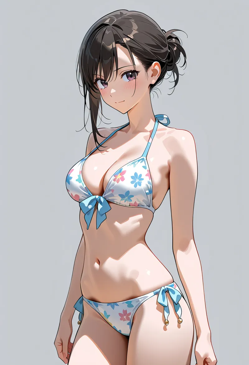 紺色のアップスタイルに仕上げた黒髪が印象的な美少女が、カラフルな花柄ビキニで涼しげに微笑んでいます。柔らかな光が肌を照らす、夏らしいアニメ調イラストです。