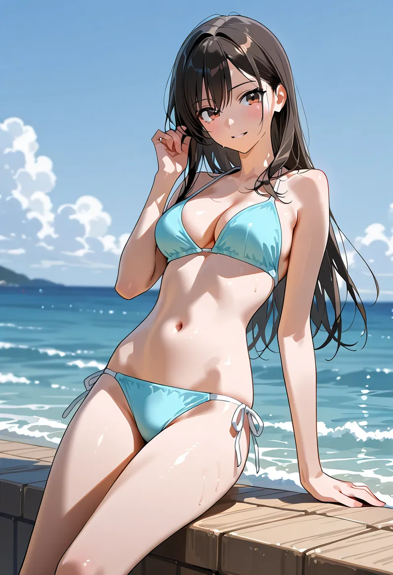 青い空と海を背景に、清潔感あふれるライトブルーの水着姿でデッキに佇む美少女イラスト。黒髪が優雅に流れ、爽やかな夏の風景が印象的です。