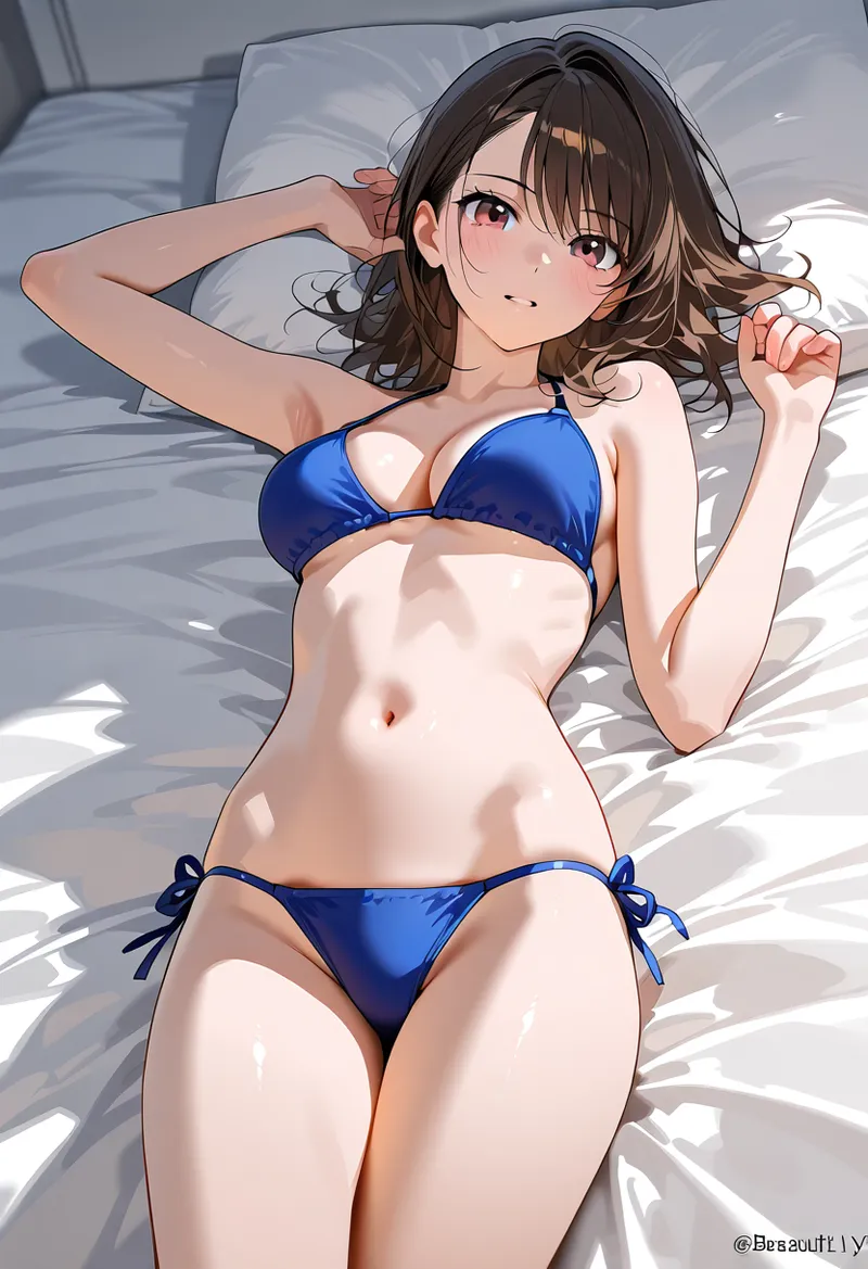 白いシーツの上でくつろぐ、黒い短めの髪と赤紫色の瞳を持つ美少女のアニメ調イラストです。紺色の水着姿で、柔らかな表情と自然なポーズが魅力的な作品。