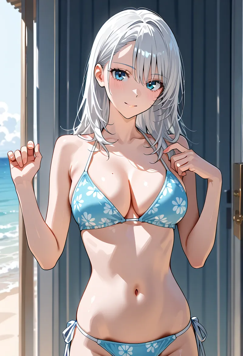 白いふんわりとした髪と青い瞳が印象的な美少女が、海を眺めるバルコニーから穏やかな表情で微笑んでいます。爽やかな色合いの花柄ビキニと、光が当たる肌の質感が夏の開放的な雰囲気を演出するアニメ調イラストです。