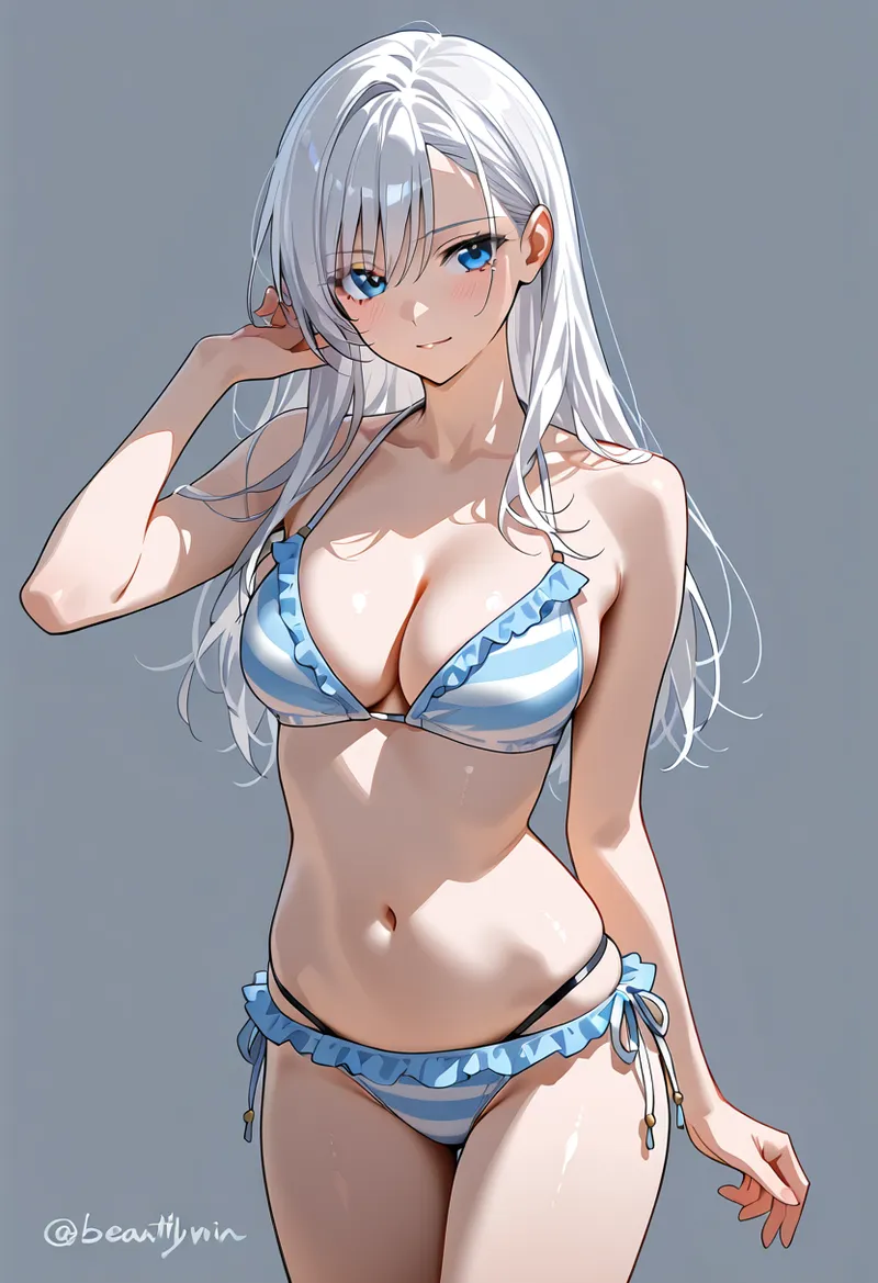 青と白のフリル付きビキニを身に着けた銀髪の美少女が、優雅なポーズで微笑む。透き通るような肌と瑠璃色の瞳が印象的なアニメ調イラストです。