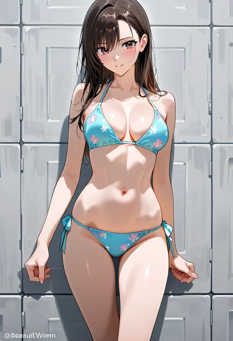 青い花柄の水着を身に纏った美少女が、モダンなタイル背景の前でクールな表情を浮かべるポートレート。柔らかな光が肌に映る高級感あるファッションフォト風のAI生成イラストです。