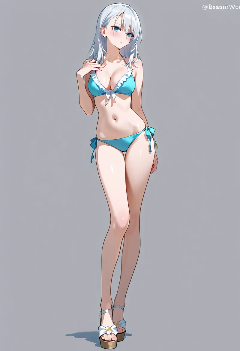 銀色の長髪に青い瞳、ターコイズブルーの衣装を身につけた美少女キャラクターのアニメ調イラストです。柔らかなグラデーション背景の中で、自然な立ち姿とやや見上げる表情が特徴的な一枚。