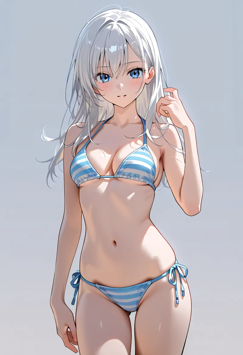 青い瞳が印象的な白髪の美少女が、爽やかなブルーのストライプビキニで夏の日差しを浴びています。明るいグレーの背景に映える細やかな陰影表現と、透き通るような肌質が特徴的なAI生成ポートレートです。
