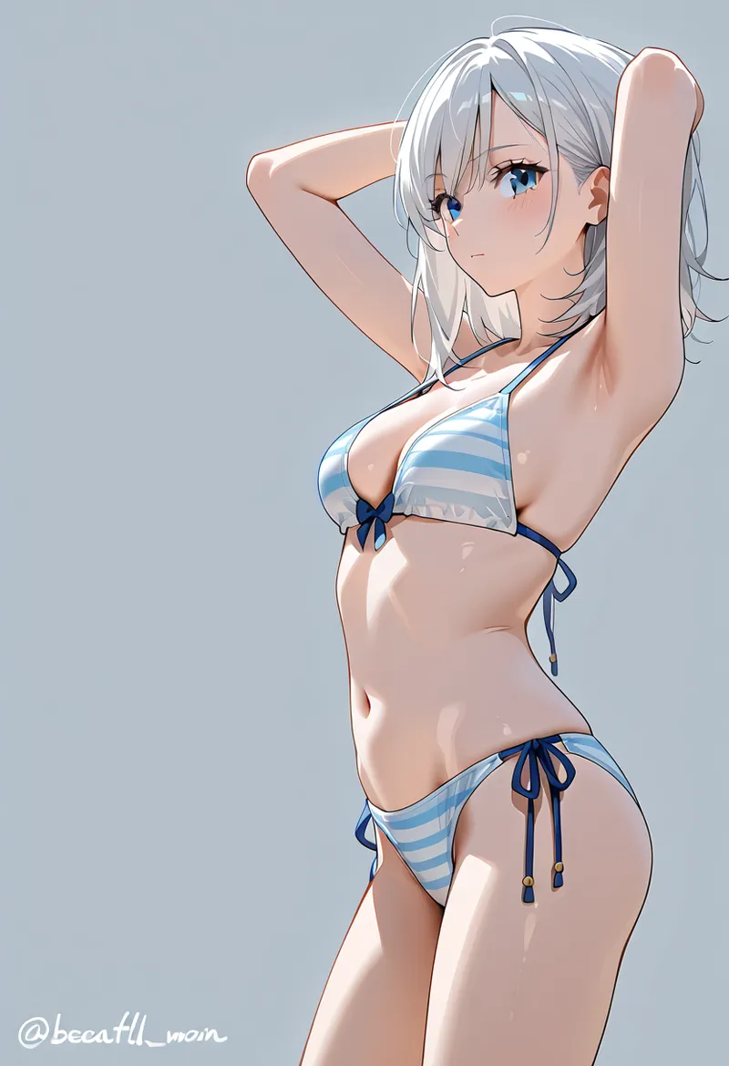 銀色の長い髪を優雅に流した美少女が、青と白のボーダー柄ビキニを身に纏い、爽やかな表情でポーズを取るアニメ調イラストです。グレーの背景を基調とした落ち着いた色使いが、キャラクターの魅力を引き立てています。