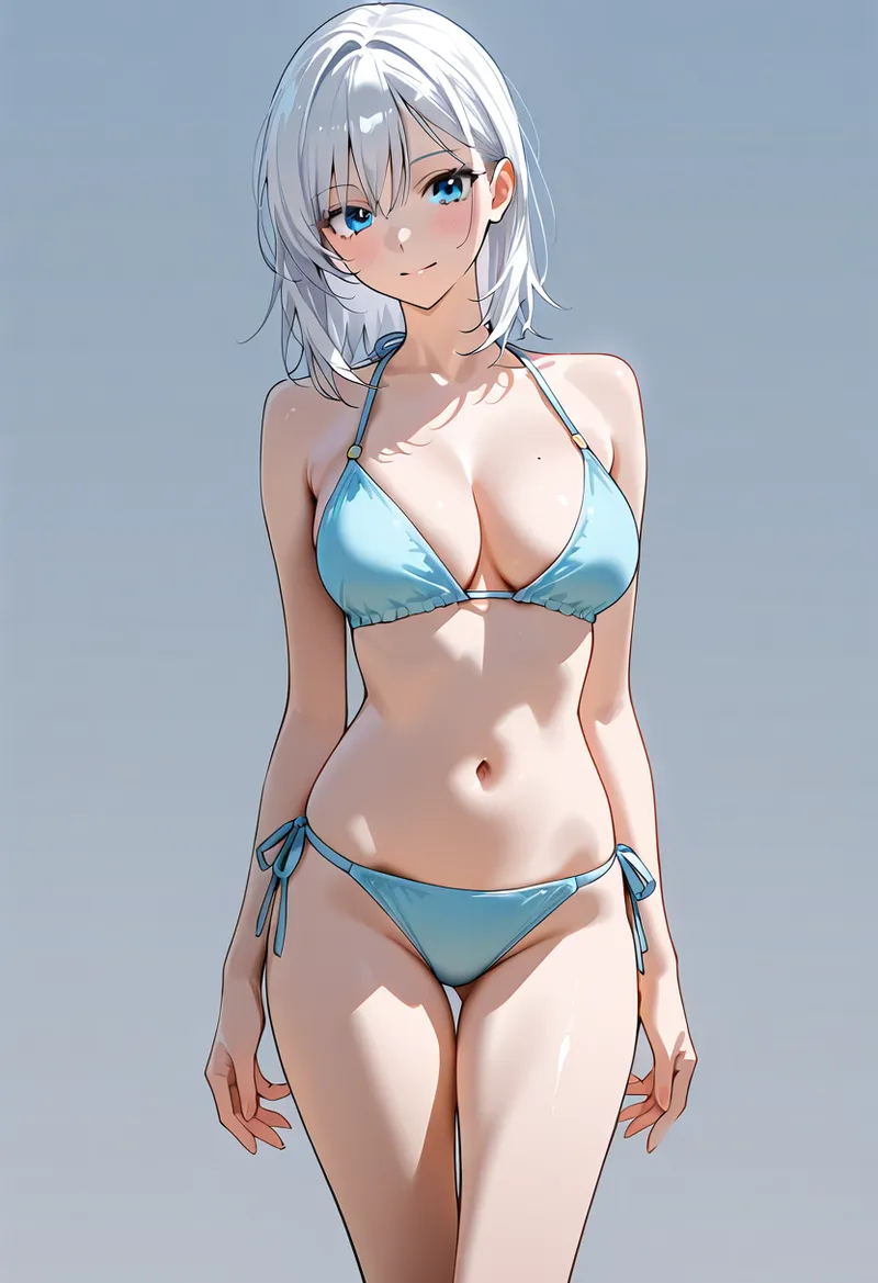 白銀の髪と澄んだ青い瞳が印象的な美少女のアニメ調イラスト。清涼感あふれる青いビキニ姿で、柔らかな光と影で立体的に描かれた優雅なポーズです。