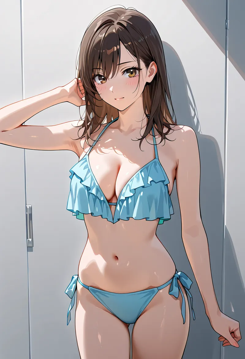 黒髪セミロングで金色の瞳が印象的な美少女のアニメ調イラスト。青いフリル装飾のビキニを身に着け、窓からの光に照らされた柔らかい表情が魅力的です。