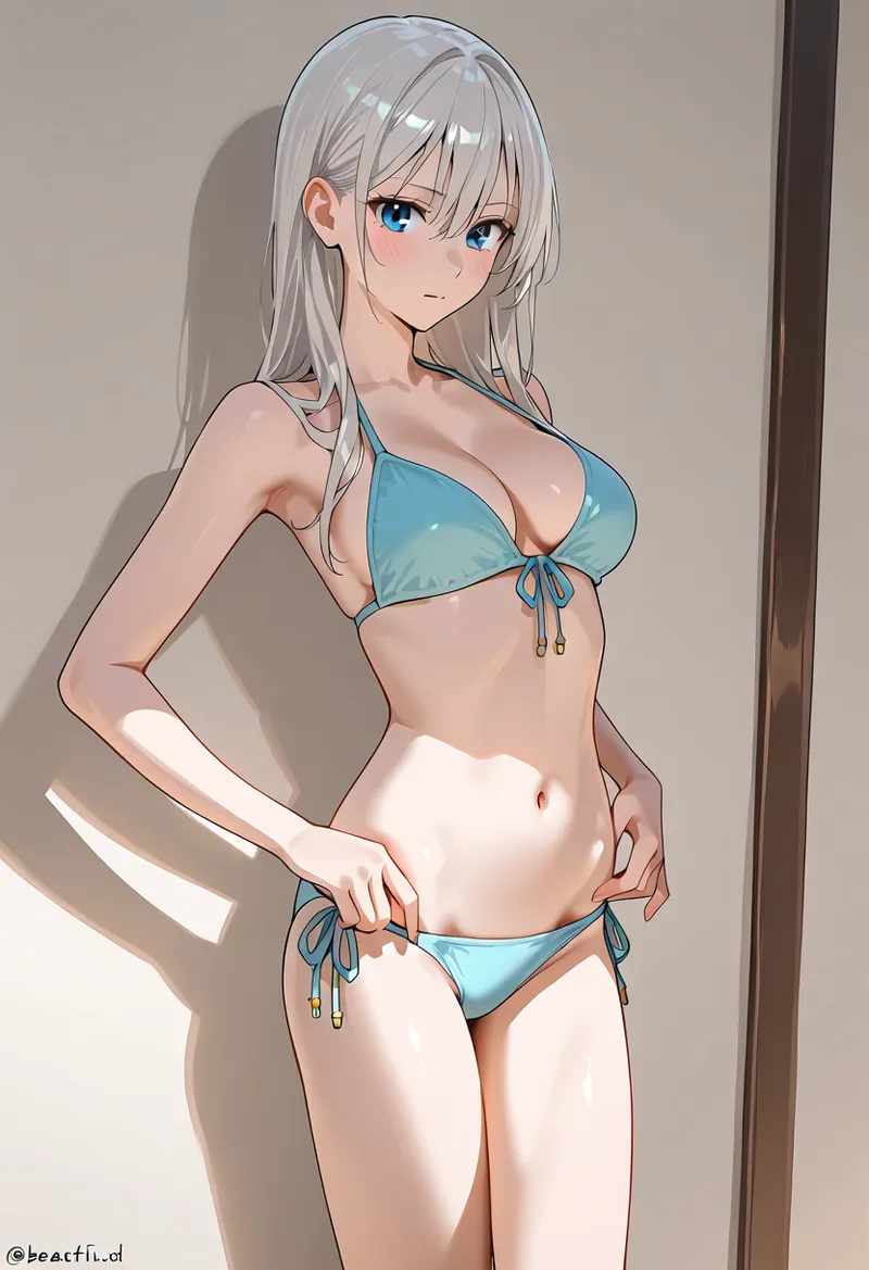 銀色のロングヘアと澄んだ青い瞳が特徴的なアニメ調の美少女です。青いビキニを着用した夏らしい雰囲気のイラストで、柔らかい背景と光の表現により立体感のあるポートレート作品です。