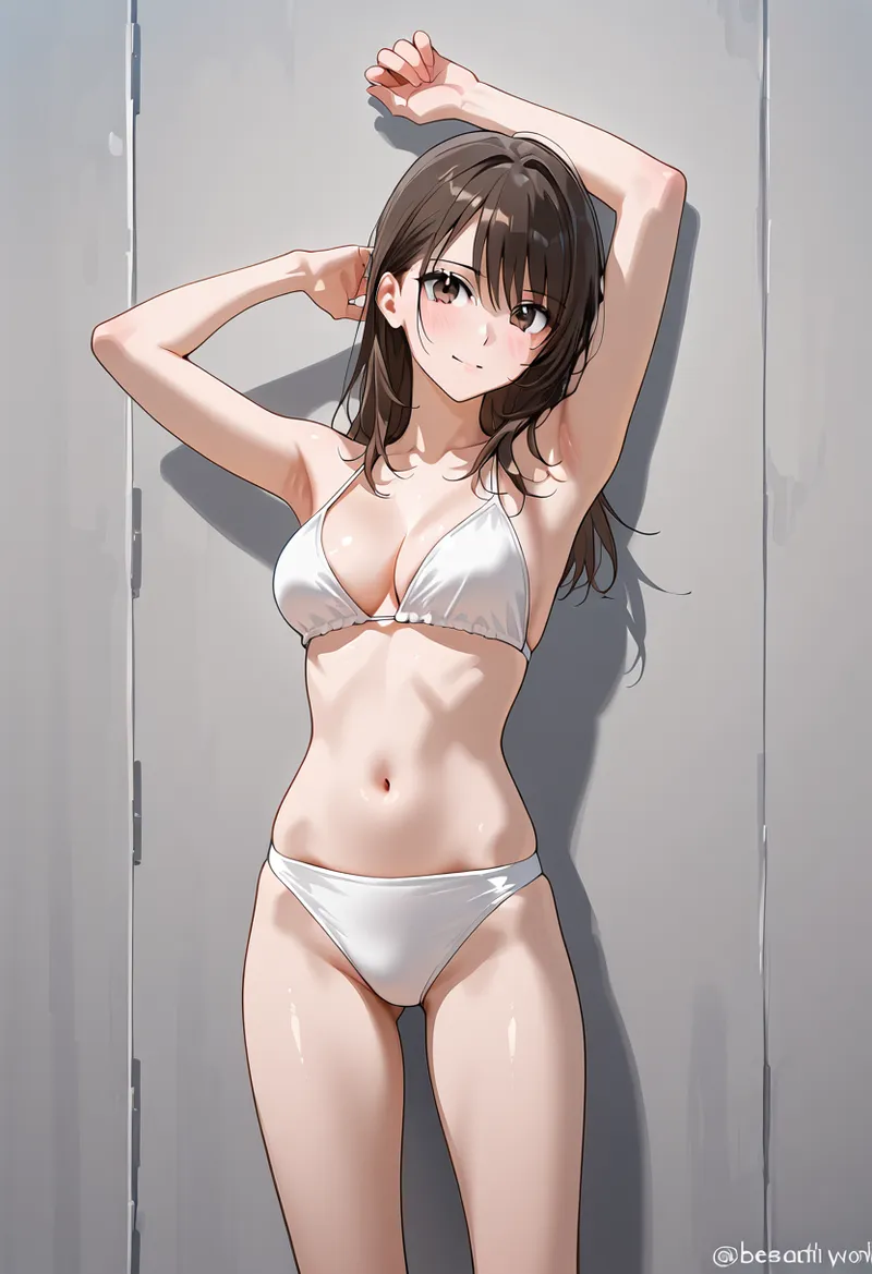 明るいスタジオ背景で、黒髪の美少女がリラックスした姿勢でポーズを取るアート撮影風イラストです。洗練された光と影の表現が魅力的な作品。