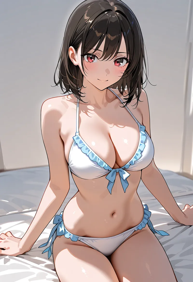 黒髪のボブヘアに赤い瞳が印象的な美少女のポートレート。白と青のリボン装飾が施された衣装で、柔らかい自然光の下で落ち着いた表情を見せるアニメ調イラストです。