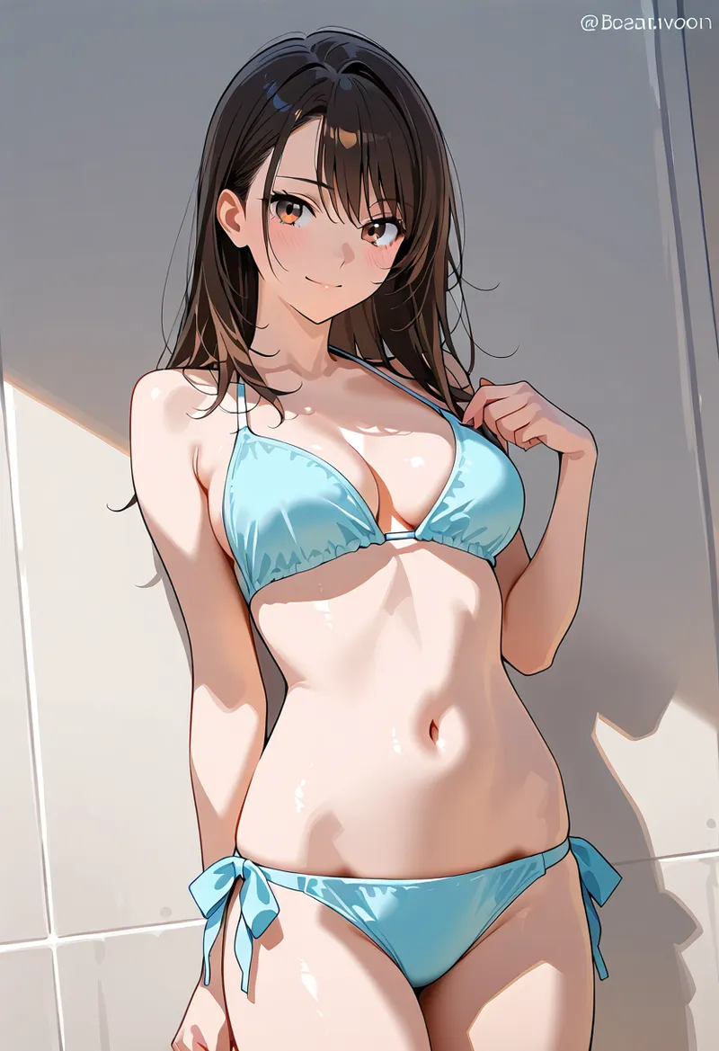 透き通るような肌と柔らかい表情が魅力的なアニメ調イラストです。黒髪ロングが優雅に流れ、青色の水着を身に纏った夏らしい一枚となっています。