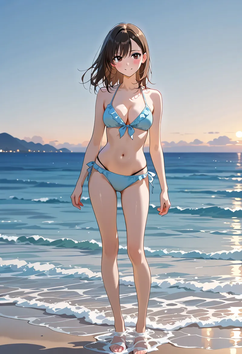 澄んだ青い海と黄金色に輝く夕焼けを背景に、爽やかな表情で佇む少女のアニメ調イラスト。白い波が打ち寄せる浜辺で、リゾートの雰囲気を満たした風情溢れる夏の一コマです。