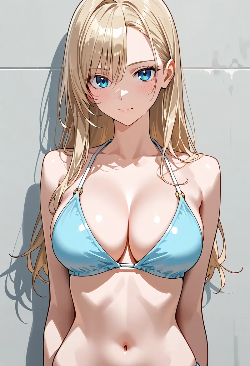 淡い金髪と鮮やかな青い瞳が印象的な美少女のアニメ調イラストです。柔らかな表情と自然な笑顔が優しい雰囲気を演出しており、明るい背景との調和が特徴的です。