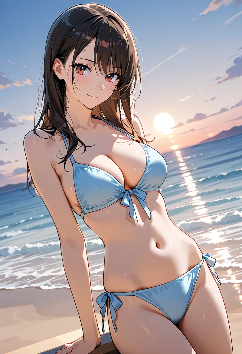 黒髪の美少女が夕日に映える海辺で佇む情景。青いビキニ姿で、穏やかな表情と優雅な仕草が印象的です。波打つ海と黄金色に染まった空が背景の夏の一シーン。