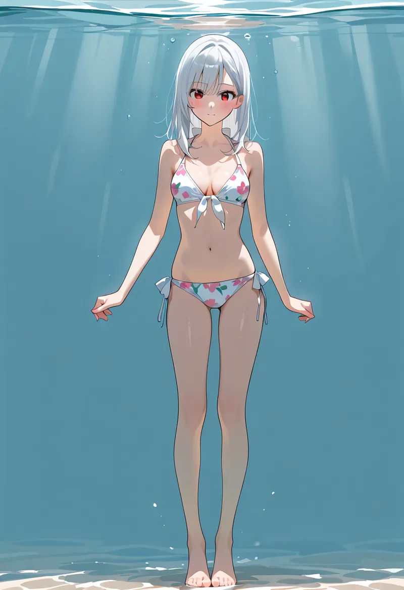 透明感のある青い水中を背景に、銀髪の美少女が浮かぶようなポーズで描かれたアニメ調イラスト。花柄のビキニを身に纏い、落ち着いた表情で正面を見つめる姿が印象的です。