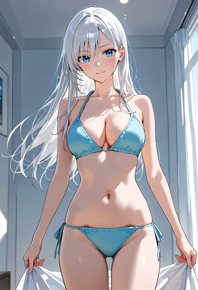 明るい室内を背景に、透き通るような白髪のロングヘアが印象的な美少女のアニメ調イラストです。青系の爽やかな衣装と澄んだ瞳が、洗練されたAI生成アートの魅力を引き出しています。