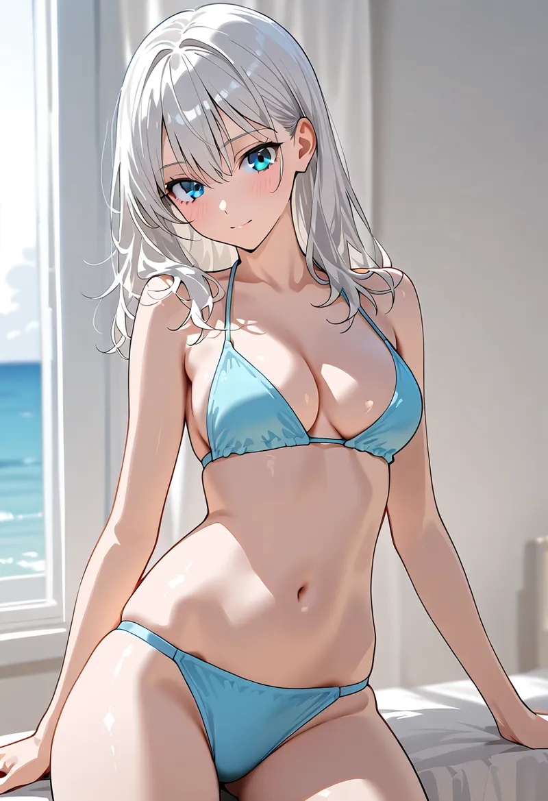 窓から海が見える明るい部屋で、青い水着を身につけた銀髪の美少女が優しい表情で寄り添う、柔らかな日差しに包まれたイラストです。