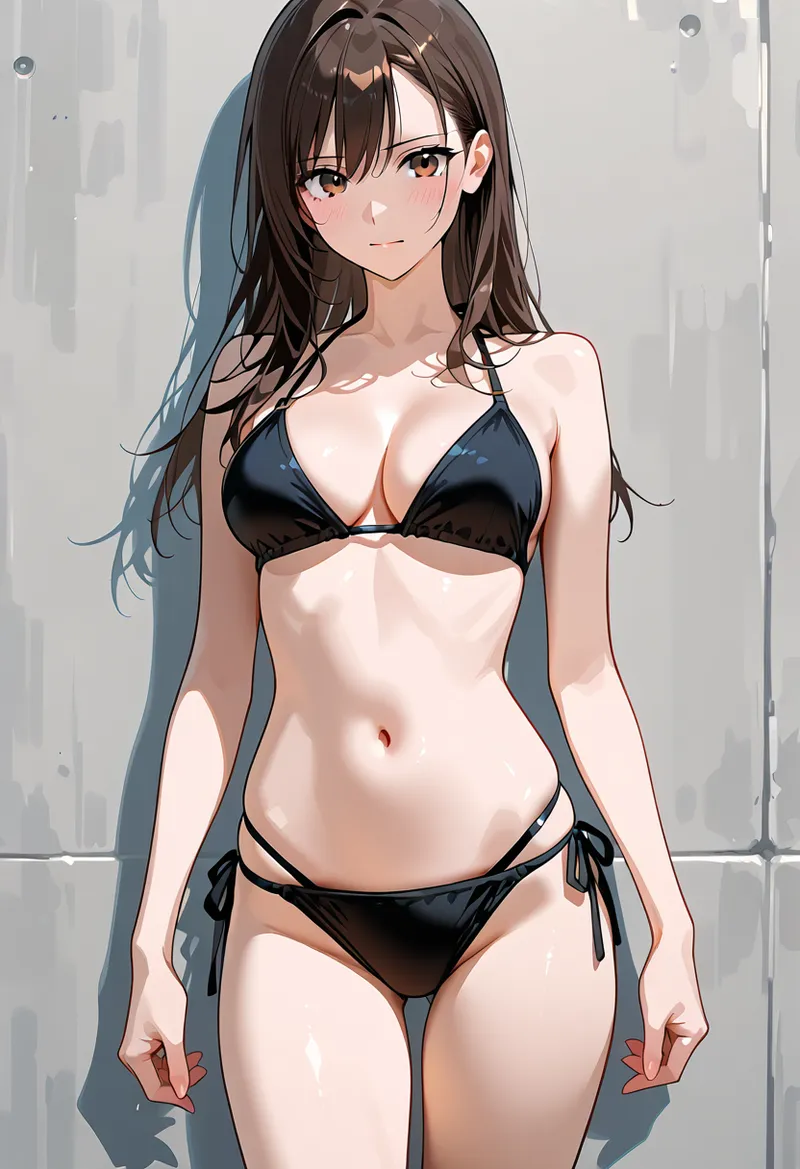 褐色の瞳が魅力的な美少女が、モノトーン調のスタジオ空間で優雅に立つポートレート。長い黒髪と透明感のある肌が印象的で、洗練された構図と柔らかい光の表現が特徴です。