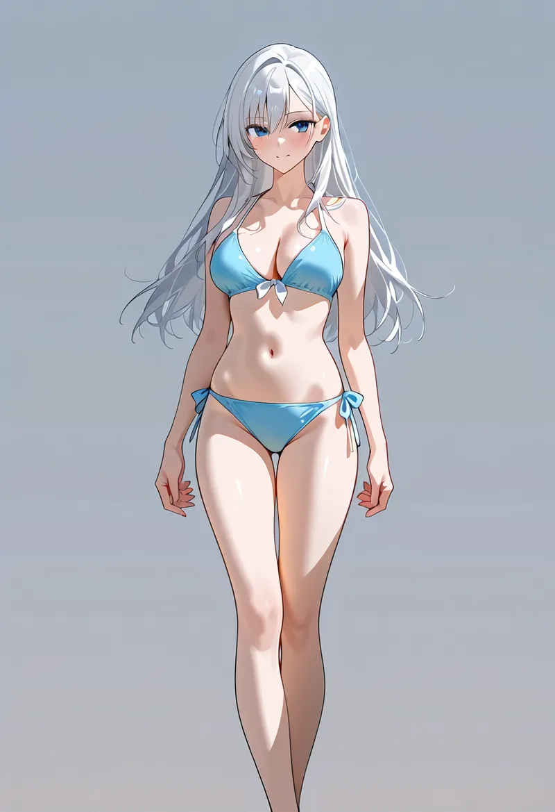 長く流れた銀髪と青い瞳が特徴的な美少女のアニメ調ポートレートです。青いビキニを身につけた夏らしい装いで、落ち着いた灰色の背景に凛とした表情で立つイラストです。