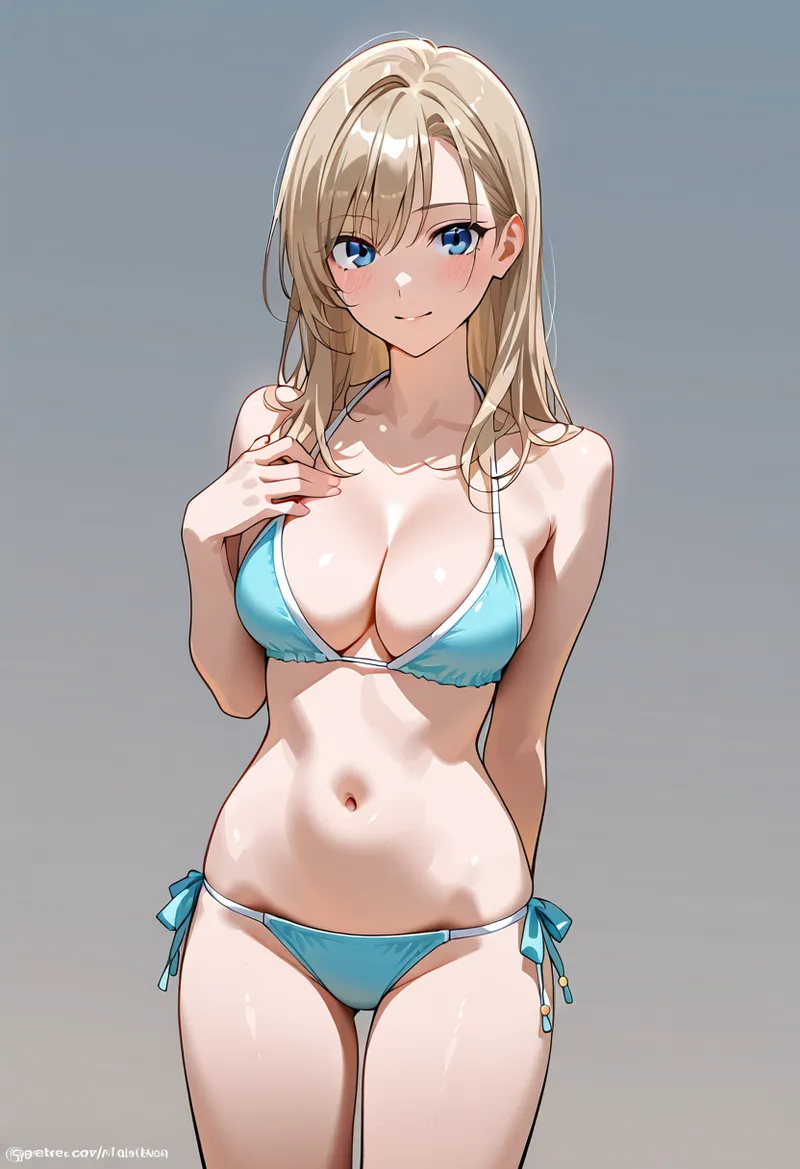 明るい瞳と柔らかな茶髪が印象的なアニメ調の女性イラストです。夏らしい青いビキニ姿で、穏やかな表情とポーズが優雅な雰囲気を演出しています。
