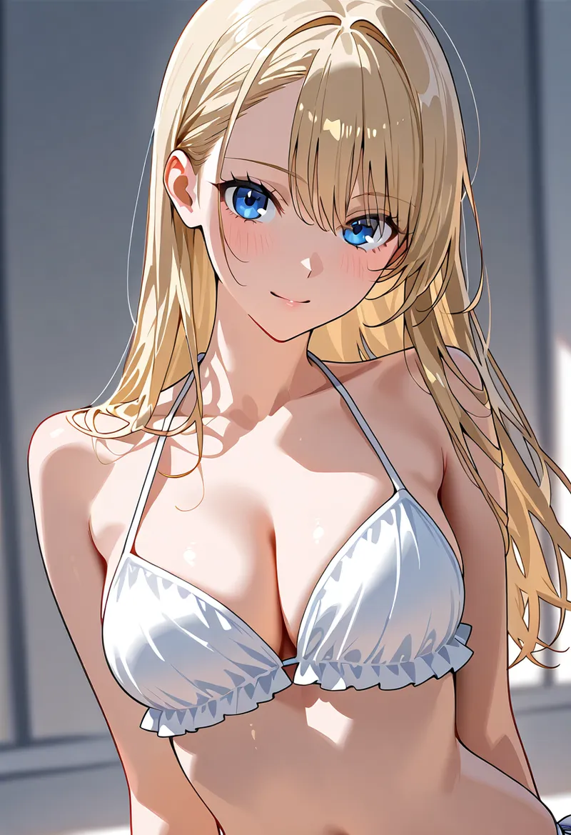 透き通るような青い瞳と柔らかな金髪が印象的な、アニメ調の美少女イラストです。優しい表情と明るい背景が調和した、爽やかな雰囲気のCGアートワークです。