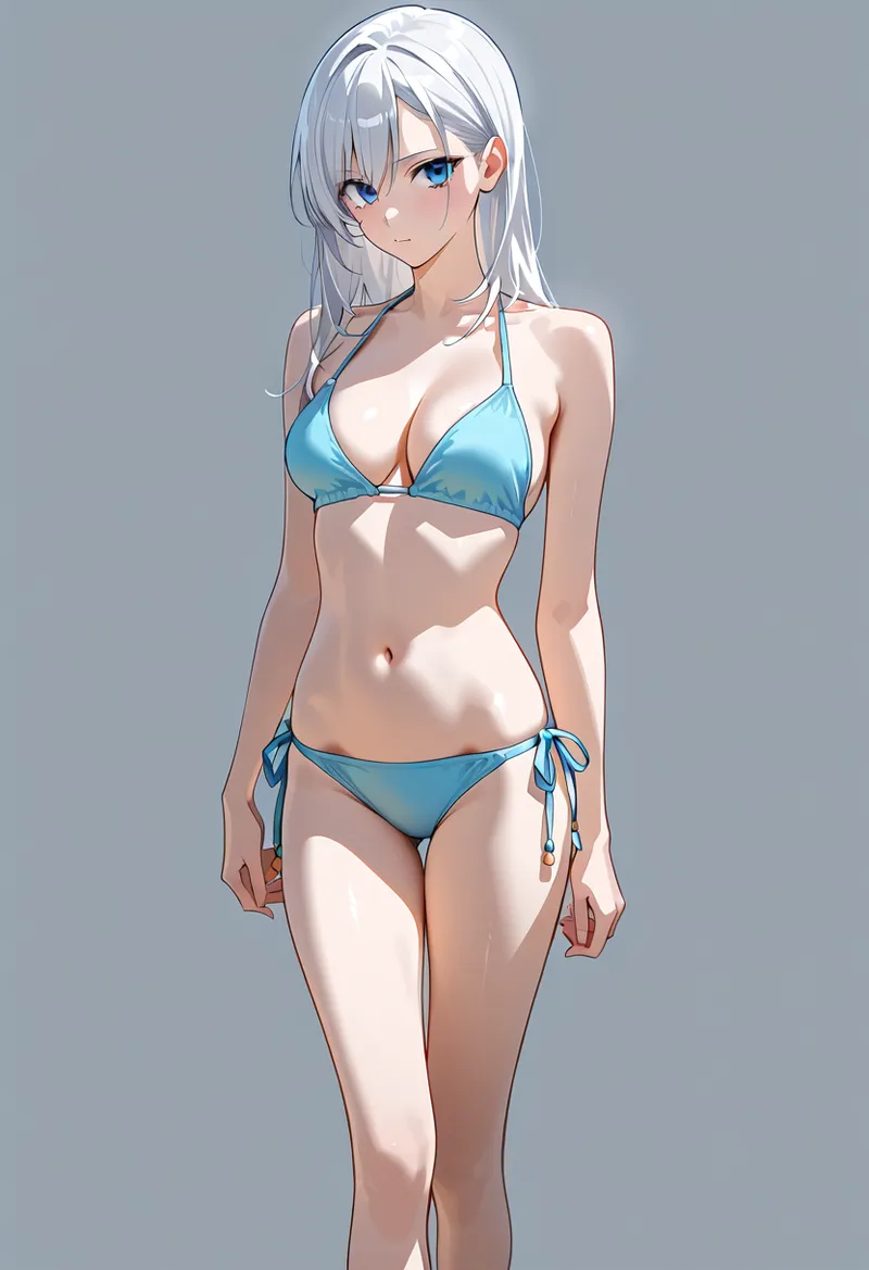涼しげな青のビキニを身につけた白髪の美少女イラストです。透明感のある肌と青い瞳が印象的で、夏らしい爽やかな雰囲気が漂うAI生成アートです。