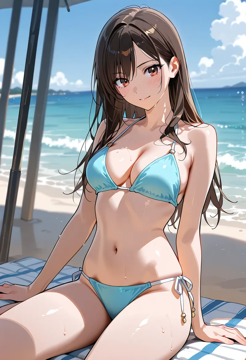 透き通った海を背景に、砂浜で微笑む長髪の少女を描いたアニメ調イラストです。爽やかな夏の日差しと波音が聞こえてきそうなリゾートシーンが魅力的です。