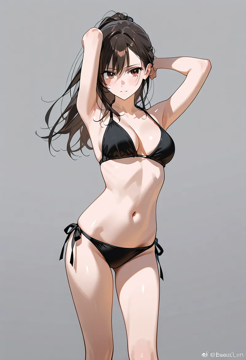 黒いビキニを身に着けた長黒髪の美少女が、髪を持ち上げるポーズで優雅に佇むアニメ調イラスト。グレーバックに映える肌色とやさしい表情の優美なポートレートです。