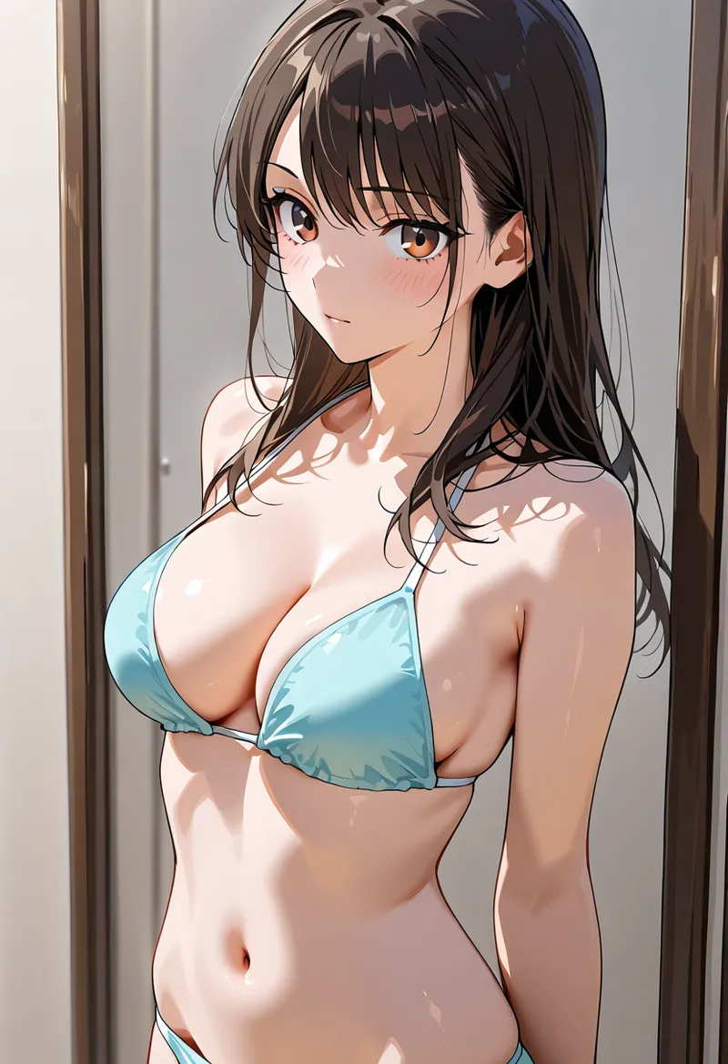 黒髪のセミロングヘア、優しい茶色い瞳、柔らかい笑顔が特徴の美少女イラストです。青系の爽やかな色合いでまとめられた立ち姿で、窓からの自然な光が肌を柔らかく照らす高品質なアニメ調作品です。