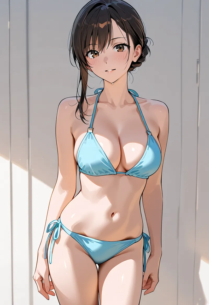 黒髪を優雅にまとめた美少女のポートレート。爽やかな青色のトップスを着た姿で、自然な笑顔と落ち着いた表情が印象的です。明るい室内背景に描かれたアニメ調のイラストです。