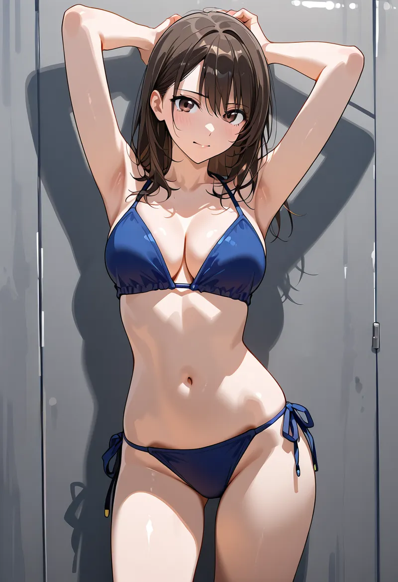 黒髪をアップスタイルにした美少女のアニメ調イラストです。紺色のビキニを着用した姿が描かれており、モダンな室内背景と光の効果で立体感のあるポートレート作品となっています。