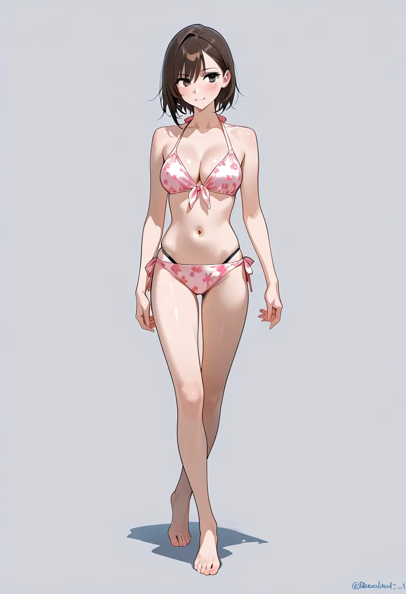 ショートヘアの美少女が、白地にピンクの花柄をあしらったビキニを身につけた姿を描いたアニメ調イラストです。グレーの背景にすっきりとしたポートレート構図で、清涼感のある夏らしい一枚となっています。