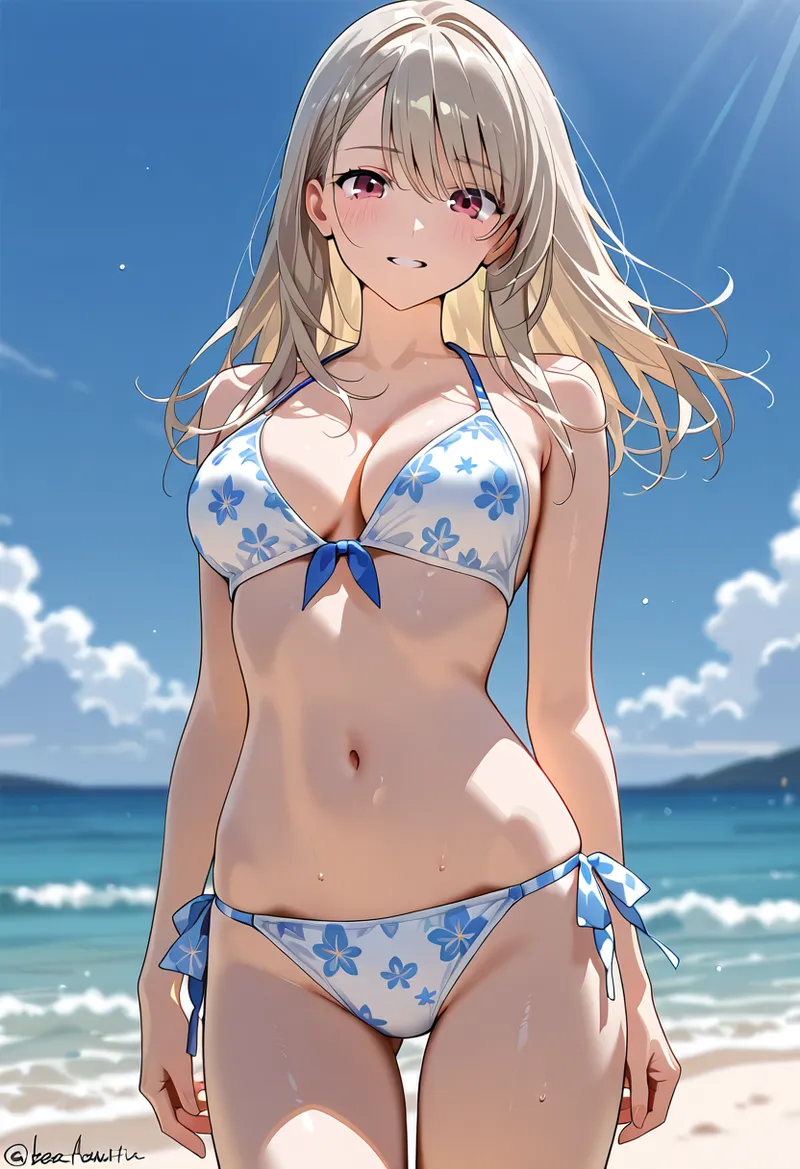 澄んだ青空と海を背景に、白銀髪の美少女がビキニ姿で佇むアニメ調イラスト。花柄デザインの水着と爽やかな表情が夏の日差しに映えます。
