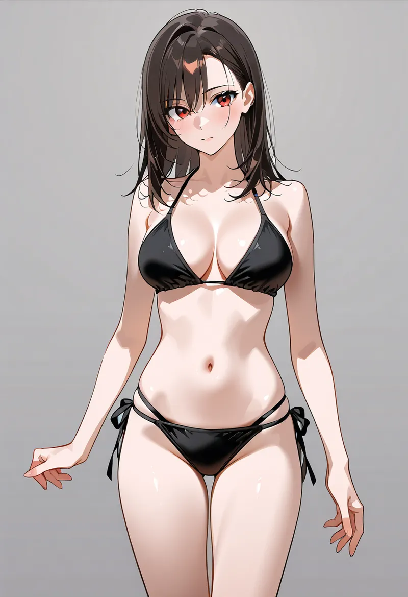 黒いビキニ水着を身につけた赤褐色の瞳の美少女が、落ち着いた背景の前で佇むアニメ調イラストです。黒髪のミディアムヘアと整った顔立ちが優雅な雰囲気を醸し出しています。