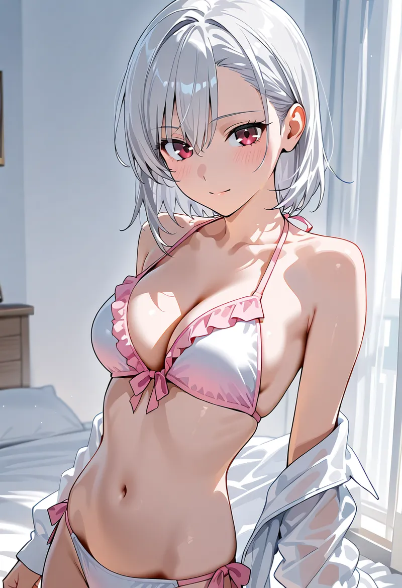 銀髪のショートヘアと赤紫色の瞳が印象的な美少女イラスト。明るい室内で白いシャツを羽織った姿が、やさしく微笑む表情とともに描かれています。柔らかい光と色合いが特徴的なアニメ調作品です。